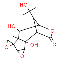 ChemSpider 2D Image | 2,8-Dihydroxy-12-(2-hydroxy-2-propanyl)-7-methyl-11H-spiro[4,10-dioxatetracyclo[7.2.1.0~2,7~.0~3,5~]dodecane-6,2'-oxiran]-11-one | C15H20O7