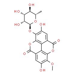 ChemSpider 2D Image | 2,7-Dihydroxy-8-methoxy-5,10-dioxo-5,10-dihydrochromeno[5,4,3-cde]chromen-3-yl 6-deoxy-alpha-L-mannopyranoside | C21H18O12