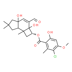 ChemSpider 2D Image | (2R)-3-Formyl-2a,4a-dihydroxy-6,6,7b-trimethyl-2,2a,4a,5,6,7,7a,7b-octahydro-1H-cyclobuta[e]inden-2-yl 3-chloro-6-hydroxy-4-methoxy-2-methylbenzoate | C24H29ClO7