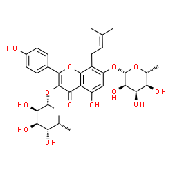 ChemSpider 2D Image | 3-[(6-Deoxy-beta-D-gulopyranosyl)oxy]-5-hydroxy-2-(4-hydroxyphenyl)-8-(3-methyl-2-buten-1-yl)-4-oxo-4H-chromen-7-yl 6-deoxy-beta-D-allopyranoside | C32H38O14