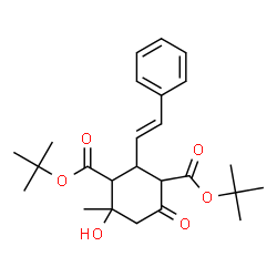 ChemSpider 2D Image | Bis(2-methyl-2-propanyl) 4-hydroxy-4-methyl-6-oxo-2-[(E)-2-phenylvinyl]-1,3-cyclohexanedicarboxylate | C25H34O6