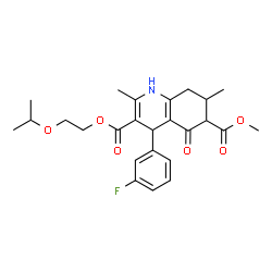 ChemSpider 2D Image | 3-(2-Isopropoxyethyl) 6-methyl 4-(3-fluorophenyl)-2,7-dimethyl-5-oxo-1,4,5,6,7,8-hexahydro-3,6-quinolinedicarboxylate | C25H30FNO6