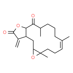 ChemSpider 2D Image | (4Z)-1a,5,9-Trimethyl-13-methylene-2,3,6,7,8,9,13,13a,14,14a-decahydrooxireno[4,5]cyclotetradeca[1,2-b]furan-10,12(1aH,10aH)-dione | C20H28O4