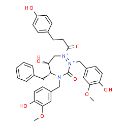 ChemSpider 2D Image | (5R,6R)-5-Benzyl-6-hydroxy-2,4-bis(4-hydroxy-3-methoxybenzyl)-1-[3-(4-hydroxyphenyl)propanoyl]-3-oxo-4,5,6,7-tetrahydro-3H-1,2,4-triazepine-1,2-diium | C36H39N3O8