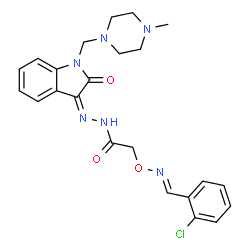 ChemSpider 2D Image | 2-{[(E)-(2-Chlorobenzylidene)amino]oxy}-N'-{(3Z)-1-[(4-methyl-1-piperazinyl)methyl]-2-oxo-1,2-dihydro-3H-indol-3-ylidene}acetohydrazide | C23H25ClN6O3