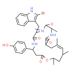ChemSpider 2D Image | (15Z)-7-[(2-Bromo-1H-indol-3-yl)methyl]-4-(4-hydroxyphenyl)-8,10,13,15,17,19-hexamethyl-1-oxa-5,8,11-triazacyclononadec-15-ene-2,6,9,12-tetrone | C36H45BrN4O6