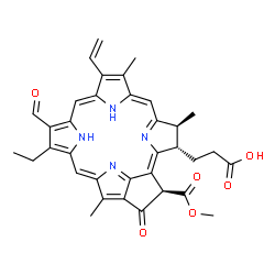 ChemSpider 2D Image | 3-[(3S,4S,21R)-14-Ethyl-13-formyl-21-(methoxycarbonyl)-4,8,18-trimethyl-20-oxo-9-vinyl-24,25-dihydro-3-phorbinyl]propanoic acid | C35H34N4O6