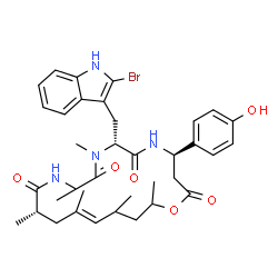 ChemSpider 2D Image | (4R,7R,13S,15E)-7-[(2-Bromo-1H-indol-3-yl)methyl]-4-(4-hydroxyphenyl)-8,10,13,15,17,19-hexamethyl-1-oxa-5,8,11-triazacyclononadec-15-ene-2,6,9,12-tetrone | C36H45BrN4O6