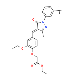 ChemSpider 2D Image | Ethyl {2-ethoxy-4-[(E)-{3-methyl-5-oxo-1-[3-(trifluoromethyl)phenyl]-1,5-dihydro-4H-pyrazol-4-ylidene}methyl]phenoxy}acetate | C24H23F3N2O5