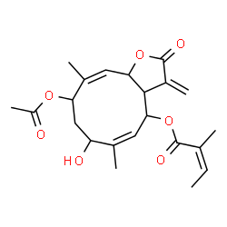 ChemSpider 2D Image | 9-Acetoxy-7-hydroxy-6,10-dimethyl-3-methylene-2-oxo-2,3,3a,4,7,8,9,11a-octahydrocyclodeca[b]furan-4-yl (2Z)-2-methyl-2-butenoate | C22H28O7