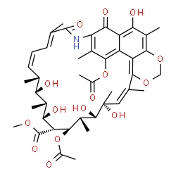 ChemSpider 2D Image | Methyl (11R,12R,13R,14R,15R,16R,17S,18S,19R)-2,16-diacetoxy-12,14,18,19,28-pentahydroxy-3,7,11,13,17,19,21,27-octamethyl-6,31-dioxo-23,25-dioxa-5-azatetracyclo[20.7.1.1~4,29~.0~26,30~]hentriaconta-1,3
,7,9,20,22(30),26,28-octaene-15-carboxylate | C42H53NO15