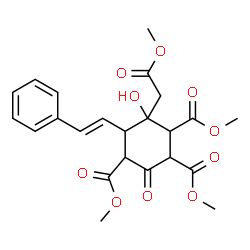 ChemSpider 2D Image | Trimethyl 6-hydroxy-6-(2-methoxy-2-oxoethyl)-3-oxo-5-[(E)-2-phenylvinyl]-1,2,4-cyclohexanetricarboxylate | C23H26O10