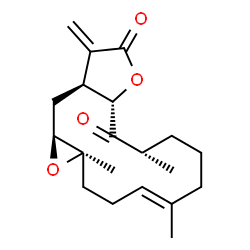 ChemSpider 2D Image | (1aR,4E,9S,10aS,13aS,14aS)-1a,5,9-Trimethyl-13-methylene-2,3,6,7,8,9,13,13a,14,14a-decahydrooxireno[4,5]cyclotetradeca[1,2-b]furan-10,12(1aH,10aH)-dione | C20H28O4