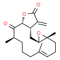 ChemSpider 2D Image | (1aR,4E,9R,10aR,13aS,14aR)-1a,5,9-Trimethyl-13-methylene-2,3,6,7,8,9,13,13a,14,14a-decahydrooxireno[4,5]cyclotetradeca[1,2-b]furan-10,12(1aH,10aH)-dione | C20H28O4