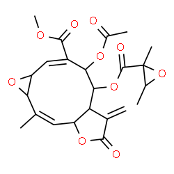 ChemSpider 2D Image | Methyl (9Z)-4-acetoxy-5-{[(2,3-dimethyl-2-oxiranyl)carbonyl]oxy}-10-methyl-6-methylene-7-oxo-1a,4,5,5a,6,7,8a,10a-octahydrooxireno[7,8]cyclodeca[1,2-b]furan-3-carboxylate | C23H26O10