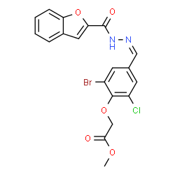 ChemSpider 2D Image | Methyl (4-{(Z)-[(1-benzofuran-2-ylcarbonyl)hydrazono]methyl}-2-bromo-6-chlorophenoxy)acetate | C19H14BrClN2O5