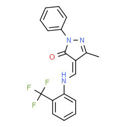 ChemSpider 2D Image | (4Z)-5-Methyl-2-phenyl-4-({[2-(trifluoromethyl)phenyl]amino}methylene)-2,4-dihydro-3H-pyrazol-3-one | C18H14F3N3O