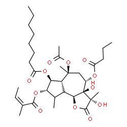 ChemSpider 2D Image | (3S,3aR,4S,6S,6aR,7S,8S,9bS)-6-Acetoxy-4-(butyryloxy)-3,3a-dihydroxy-3,6,9-trimethyl-8-{[(2Z)-2-methyl-2-butenoyl]oxy}-2-oxododecahydroazuleno[4,5-b]furan-7-yl octanoate | C34H52O12