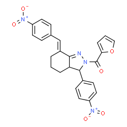 ChemSpider 2D Image | 2-Furyl[(7E)-7-(4-nitrobenzylidene)-3-(4-nitrophenyl)-3,3a,4,5,6,7-hexahydro-2H-indazol-2-yl]methanone | C25H20N4O6