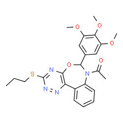 ChemSpider 2D Image | 1-[3-(Propylsulfanyl)-6-(3,4,5-trimethoxyphenyl)[1,2,4]triazino[5,6-d][3,1]benzoxazepin-7(6H)-yl]ethanone | C24H26N4O5S