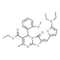 ChemSpider 2D Image | Ethyl (2E)-2-{[5-(diethylamino)-2-furyl]methylene}-5-(2-methoxyphenyl)-7-methyl-3-oxo-2,3-dihydro-5H-[1,3]thiazolo[3,2-a]pyrimidine-6-carboxylate | C26H29N3O5S