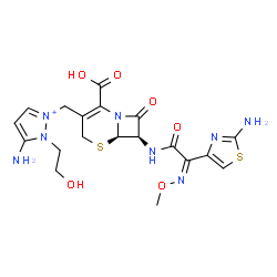 ChemSpider 2D Image | 5-Amino-2-{[(6R,7R)-7-{[(2Z)-2-(2-amino-1,3-thiazol-4-yl)-2-(methoxyimino)acetyl]amino}-2-carboxy-8-oxo-5-thia-1-azabicyclo[4.2.0]oct-2-en-3-yl]methyl}-1-(2-hydroxyethyl)-1H-pyrazol-2-ium | C19H23N8O6S2
