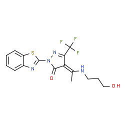 ChemSpider 2D Image | (4E)-2-(1,3-Benzothiazol-2-yl)-4-{1-[(3-hydroxypropyl)amino]ethylidene}-5-(trifluoromethyl)-2,4-dihydro-3H-pyrazol-3-one | C16H15F3N4O2S