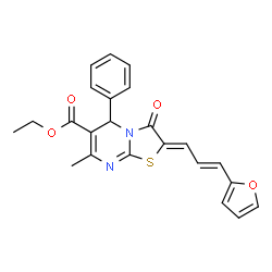 ChemSpider 2D Image | Ethyl (2Z)-2-[(2E)-3-(2-furyl)-2-propen-1-ylidene]-7-methyl-3-oxo-5-phenyl-2,3-dihydro-5H-[1,3]thiazolo[3,2-a]pyrimidine-6-carboxylate | C23H20N2O4S