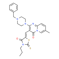 ChemSpider 2D Image | 2-(4-Benzyl-1-piperazinyl)-7-methyl-3-[(Z)-(4-oxo-3-propyl-2-thioxo-1,3-thiazolidin-5-ylidene)methyl]-4H-pyrido[1,2-a]pyrimidin-4-one | C27H29N5O2S2