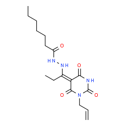 ChemSpider 2D Image | N'-[(1E)-1-(1-Allyl-2,4,6-trioxotetrahydro-5(2H)-pyrimidinylidene)propyl]heptanehydrazide | C17H26N4O4