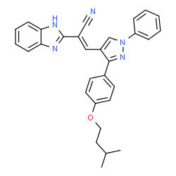 ChemSpider 2D Image | (2E)-2-(1H-Benzimidazol-2-yl)-3-{3-[4-(3-methylbutoxy)phenyl]-1-phenyl-1H-pyrazol-4-yl}acrylonitrile | C30H27N5O