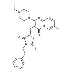 ChemSpider 2D Image | 2-(4-Ethyl-1-piperazinyl)-7-methyl-3-{(Z)-[4-oxo-3-(2-phenylethyl)-2-thioxo-1,3-thiazolidin-5-ylidene]methyl}-4H-pyrido[1,2-a]pyrimidin-4-one | C27H29N5O2S2
