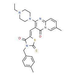 ChemSpider 2D Image | 2-(4-Ethyl-1-piperazinyl)-7-methyl-3-{(Z)-[3-(4-methylbenzyl)-4-oxo-2-thioxo-1,3-thiazolidin-5-ylidene]methyl}-4H-pyrido[1,2-a]pyrimidin-4-one | C27H29N5O2S2