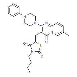 ChemSpider 2D Image | 3-[(Z)-(3-Butyl-4-oxo-2-thioxo-1,3-thiazolidin-5-ylidene)methyl]-7-methyl-2-(4-phenyl-1-piperazinyl)-4H-pyrido[1,2-a]pyrimidin-4-one | C27H29N5O2S2