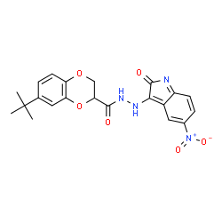 ChemSpider 2D Image | 7-(2-Methyl-2-propanyl)-N'-(5-nitro-2-oxo-2H-indol-3-yl)-2,3-dihydro-1,4-benzodioxine-2-carbohydrazide | C21H20N4O6