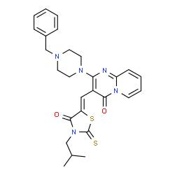ChemSpider 2D Image | 2-(4-Benzyl-1-piperazinyl)-3-[(Z)-(3-isobutyl-4-oxo-2-thioxo-1,3-thiazolidin-5-ylidene)methyl]-4H-pyrido[1,2-a]pyrimidin-4-one | C27H29N5O2S2