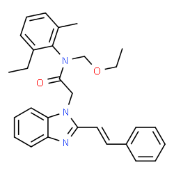 ChemSpider 2D Image | N-(Ethoxymethyl)-N-(2-ethyl-6-methylphenyl)-2-{2-[(E)-2-phenylvinyl]-1H-benzimidazol-1-yl}acetamide | C29H31N3O2
