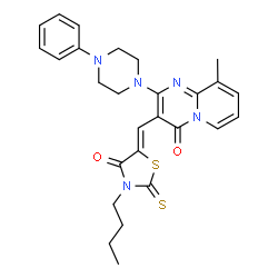 ChemSpider 2D Image | 3-[(Z)-(3-Butyl-4-oxo-2-thioxo-1,3-thiazolidin-5-ylidene)methyl]-9-methyl-2-(4-phenyl-1-piperazinyl)-4H-pyrido[1,2-a]pyrimidin-4-one | C27H29N5O2S2