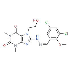 ChemSpider 2D Image | 8-[(2Z)-2-(3,5-Dichloro-2-methoxybenzylidene)hydrazino]-7-(2-hydroxyethyl)-1,3-dimethyl-3,7-dihydro-1H-purine-2,6-dione | C17H18Cl2N6O4