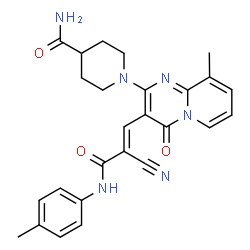 ChemSpider 2D Image | 1-(3-{(1E)-2-Cyano-3-[(4-methylphenyl)amino]-3-oxo-1-propen-1-yl}-9-methyl-4-oxo-4H-pyrido[1,2-a]pyrimidin-2-yl)-4-piperidinecarboxamide | C26H26N6O3