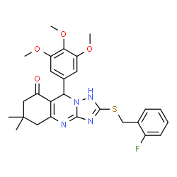 ChemSpider 2D Image | 2-[(2-Fluorobenzyl)sulfanyl]-6,6-dimethyl-9-(3,4,5-trimethoxyphenyl)-5,6,7,9-tetrahydro[1,2,4]triazolo[5,1-b]quinazolin-8(1H)-one | C27H29FN4O4S