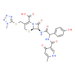 ChemSpider 2D Image | (6R,7R)-7-{[(4-Hydroxyphenyl){[(6-methyl-4-oxo-1,4-dihydro-3-pyridinyl)carbonyl]amino}acetyl]amino}-3-{[(1-methyl-1H-tetrazol-5-yl)sulfanyl]methyl}-8-oxo-5-thia-1-azabicyclo[4.2.0]oct-2-ene-2-carboxyl
ic acid | C25H24N8O7S2
