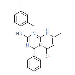 ChemSpider 2D Image | 2-[(2,4-Dimethylphenyl)amino]-8-methyl-4-phenyl-4,9-dihydro-6H-pyrimido[1,2-a][1,3,5]triazin-6-one | C21H21N5O