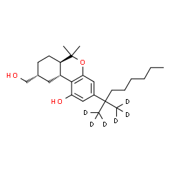 ChemSpider 2D Image | (6aR,9R,10aR)-9-(Hydroxymethyl)-6,6-dimethyl-3-[2-(~2~H_3_)methyl(1,1,1-~2~H_3_)-2-octanyl]-6a,7,8,9,10,10a-hexahydro-6H-benzo[c]chromen-1-ol | C25H34D6O3