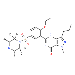 ChemSpider 2D Image | 5-(5-{[(3R,5S)-3,5-Dimethyl(2,2,6,6-~2~H_4_)-1-piperazinyl]sulfonyl}-2-ethoxyphenyl)-1-methyl-3-propyl-1,4-dihydro-7H-pyrazolo[4,3-d]pyrimidin-7-one | C23H28D4N6O4S