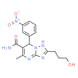ChemSpider 2D Image | 2-(3-Hydroxypropyl)-5-methyl-7-(3-nitrophenyl)-1,7-dihydro[1,2,4]triazolo[1,5-a]pyrimidine-6-carboxamide | C16H18N6O4