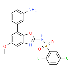 ChemSpider 2D Image | N-[7-(3-Aminophenyl)-5-methoxy-1,3-benzoxazol-2-yl]-2,5-dichlorobenzenesulfonamide | C20H15Cl2N3O4S