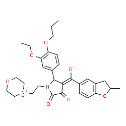 ChemSpider 2D Image | (E)-{2-(3-Ethoxy-4-propoxyphenyl)-1-[2-(morpholin-4-ium-4-yl)ethyl]-4,5-dioxo-3-pyrrolidinylidene}(2-methyl-2,3-dihydro-1-benzofuran-5-yl)methanolate | C31H38N2O7