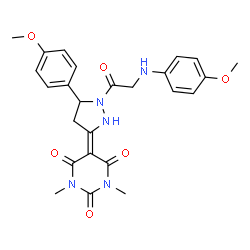 ChemSpider 2D Image | 5-[5-(4-Methoxyphenyl)-1-{[(4-methoxyphenyl)amino]acetyl}-3-pyrazolidinylidene]-1,3-dimethyl-2,4,6(1H,3H,5H)-pyrimidinetrione | C25H27N5O6