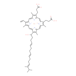 ChemSpider 2D Image | Iron(2+) 2,18-bis(2-carboxyethyl)-8-[(4E,8E,12E)-1-hydroxy-13,14-dimethyl-4,8,12-pentadecatrien-1-yl]-3,7,12,17-tetramethyl-13-vinylporphine-21,23-diide | C49H58FeN4O5